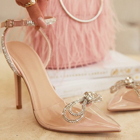 NEW Blush Nude Clear Transparent Rhinestone Bow Ankle Strap Pointy Toe Pump Heel - Picture 1 of 12